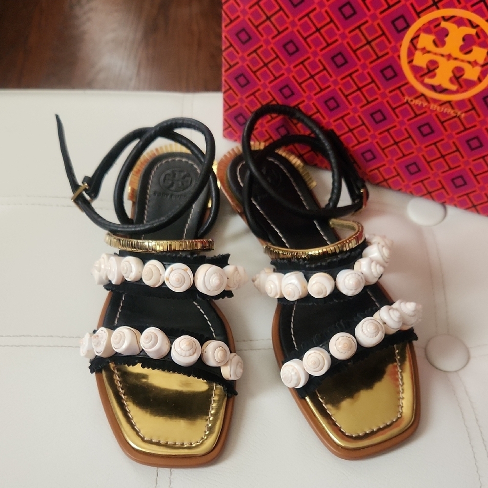 Tory Burch Gold and Black Sandals with Pearl Embellishments